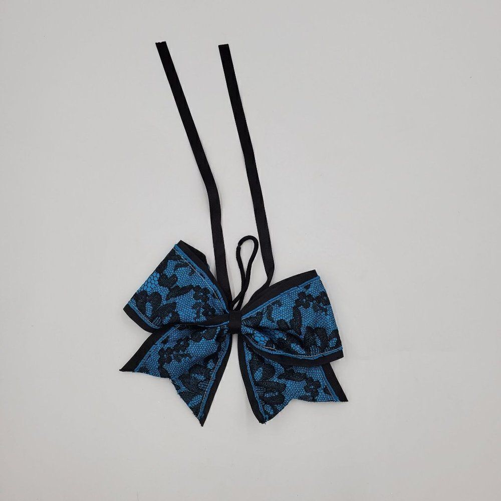 Cheer Bow Pony Holder Blue Floral Net Overlay With Ribbon Streamers